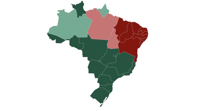 Mapa do Brasil, pintado com cores refletindo qual candidato venceu em cada unidade da federação