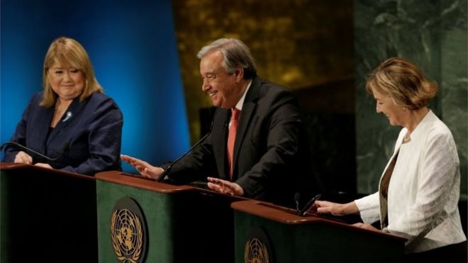 Бывший Верховный комиссар ООН по делам беженцев Антонио Гутерриш выступает во время дебатов в Генеральной Ассамблее ООН между кандидатами, претендующими на пост следующего Генерального секретаря ООН в штаб-квартире ООН в Манхэттене, Нью-Йорк, США, 12 июля 2016 года.