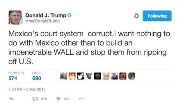 Чирикать Дональда Трампа, обвиняющего судебную систему Мексики в коррупции и предлагающего строительство стены