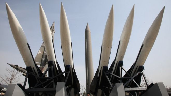 Models of a mock North Korea Scud-B missile, centre, and other South Korean missiles are displayed at Korea War Memorial Museum in Seoul, South Korea, Sunday, March 17, 2013