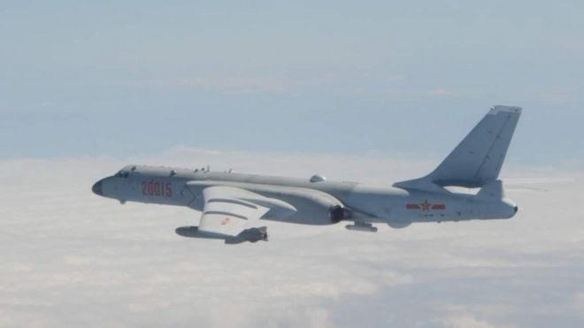 A Chinese jet bomber seen following the incursion of 52 planes into Taiwan's air defence identification zone - handout by Taiwan's defence ministry