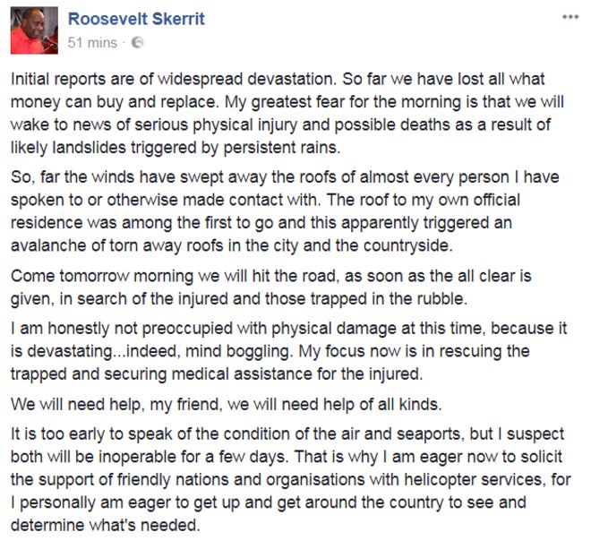 Премьер-министр Доминики Рузвельт Скеррит оставил в Facebook заявление о том, как ураган Мария "сметал крыши".