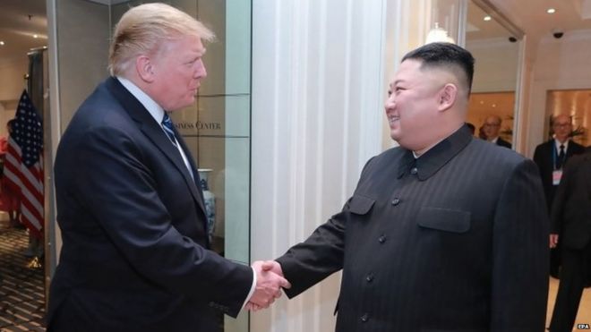 A photo released by the official North Korean Central News Agency (KCNA) shows North Korean leader Kim Jong Un (R) and US President Donald J. Trump (L) meeting in Hanoi, Vietnam, 28 February 2019.