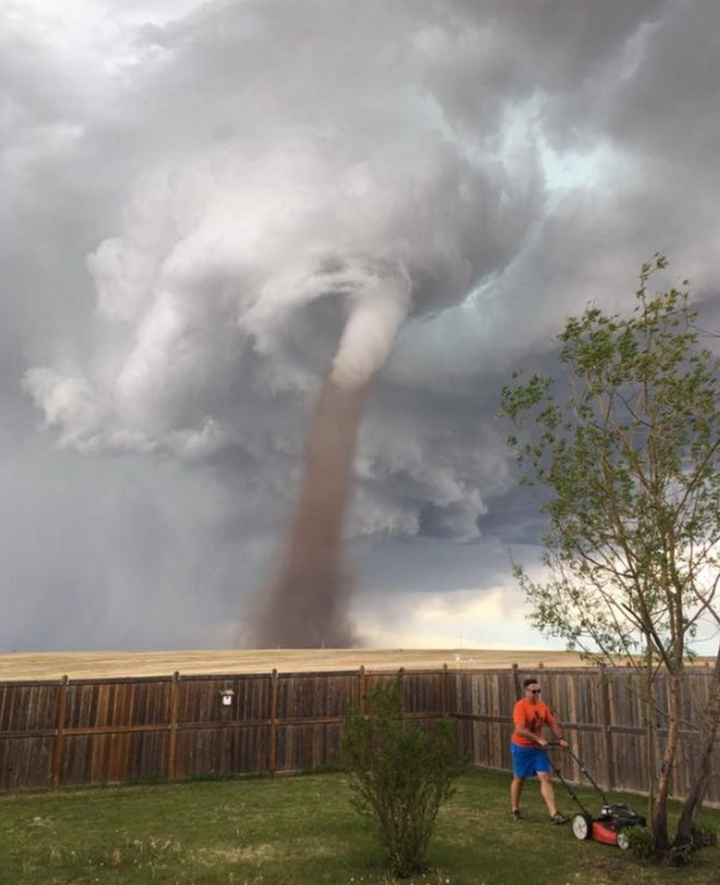 Cecilia Wessels' photo of her husband Theunis mowing a lawn with a tornado behind him