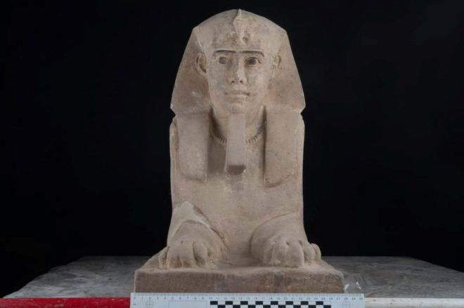 The sandstone statue of a sphinx that was discovered in the Temple of Kom Ombo Temple in Aswan (16 September 2018)