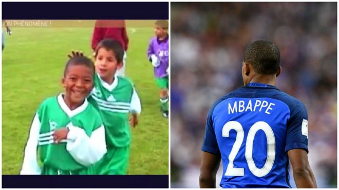 Kylian Mbappe in action for Bondy as a youngster and playing for France