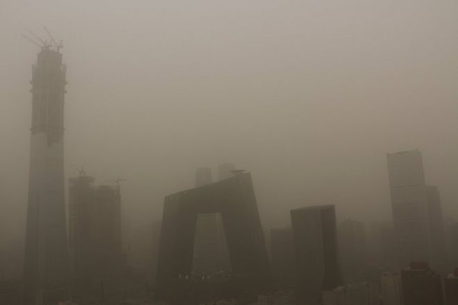 Buildings are seen during a dust storm in Beijing, China, 4 May 2017