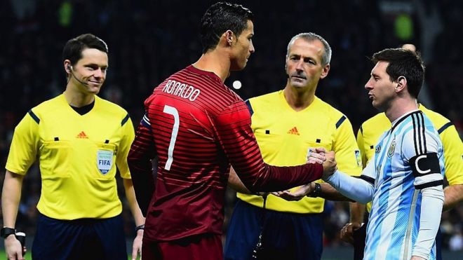 Ronaldo (left) and Messi shake hands before a Portugal v Argentina friendly in 2016