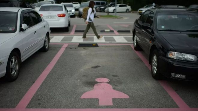 Foto colorida mostra simbolo de boneco com saia pintado de rosa em uma vaga