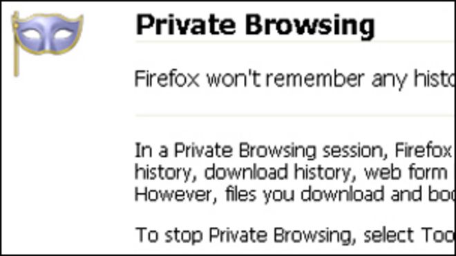 Снимок экрана: режим приватного просмотра, Mozilla