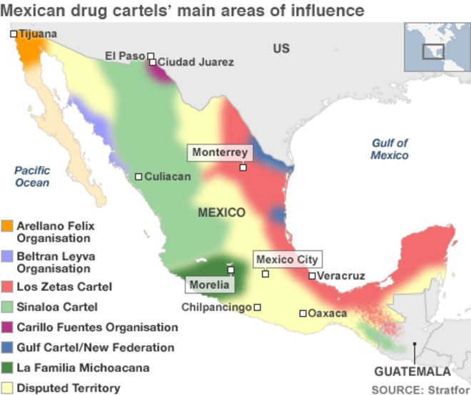 Карта с указанием зон влияния мексиканских наркокартелей