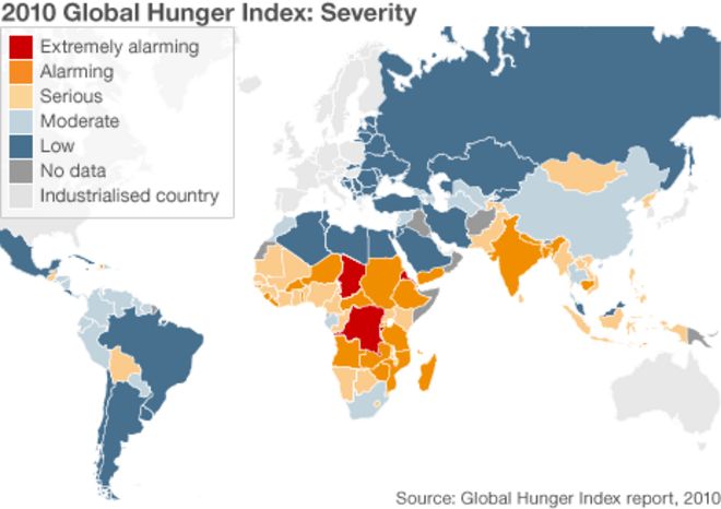 Карта, показывающая состояние голода в странах (изображение: BBC)
