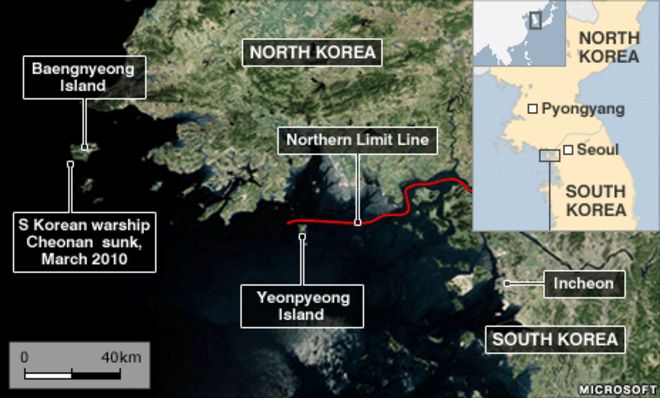 Карта, показывающая Yeonpyeong и спорную границу между Северной и Южной Кореи