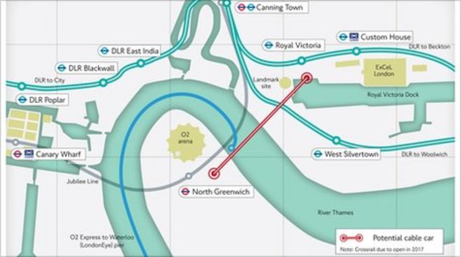 Карта маршрута канатной дороги TfL