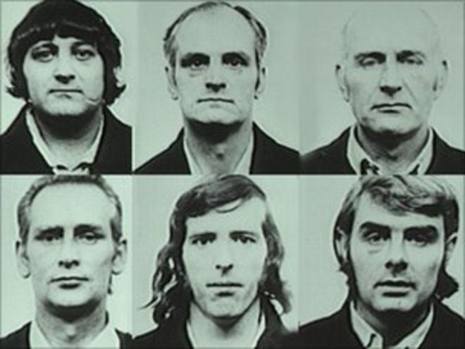 Бирмингем Шесть находится под стражей в 1970-х годах. фотография заключенных в 1970-х годах. Слева направо (вверху) Пэдди Хилл, Хью Каллаган, Джонни Уокер. Слева направо (внизу) Ричард Макилкенни, Джерри Хантер и Билли Пауэр
