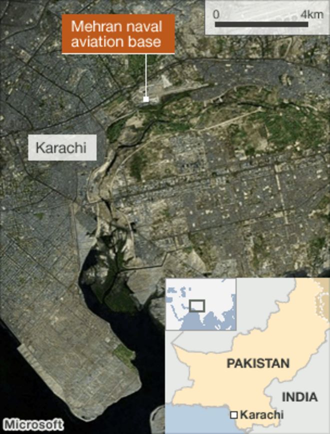 Спутниковое изображение, показывающее местонахождение военно-воздушной базы Мехран в Карачи