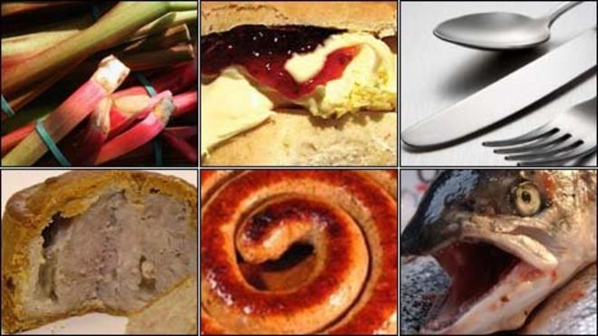 Ревень; Чай с кремом девон; столовые приборы; Шотландский фермированный лосось; Камберлендская колбаса; Мелтон Моубрей пирог