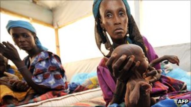 Женщина держит своего истощенного ребенка в центре питания в южной части Нигера во время засухи в Сахеле в 2010 году