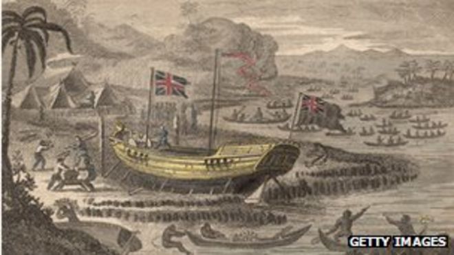 Изображение корабля капитана Генри Уилсона потерпевшего кораблекрушение на одном из островов