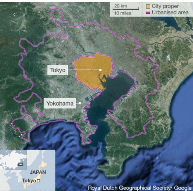 Границы Токио, нарисованные на спутниковом снимке