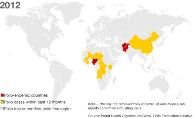 Карта: полиомиелит в 2012 году