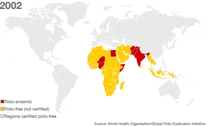 Карта: полиомиелит в 2002 году