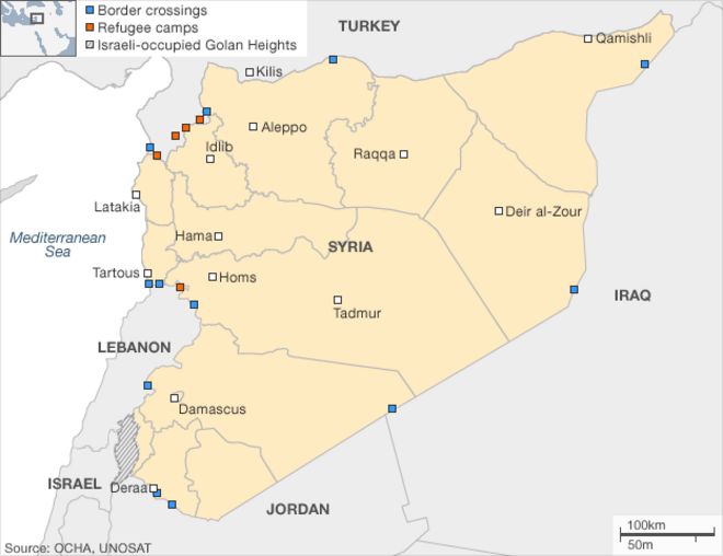 Карта Сирии с указанием расположения лагерей беженцев