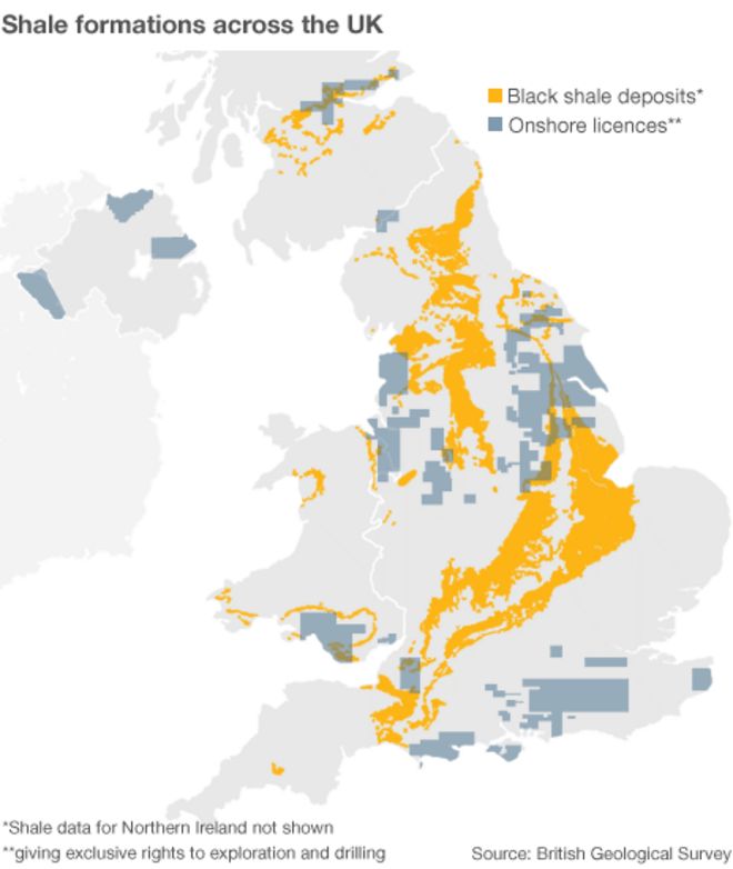 Карта, показывающая месторождения сланца по всей Великобритании