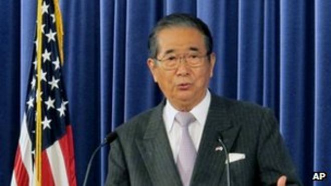Токийский губернатор Синтаро Исихара выступает на форуме мозгового центра в Вашингтоне, понедельник, 16 апреля 2012 г.