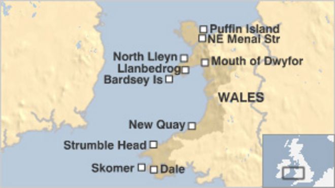 Карта, показывающая 10 потенциальных зон морских заповедников вокруг Уэльса