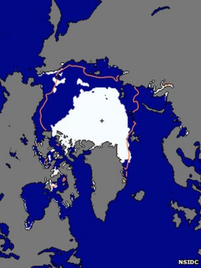 Площадь арктического морского льда 19 августа 2012 г. (Фото: Национальный центр данных по снегу и льду)