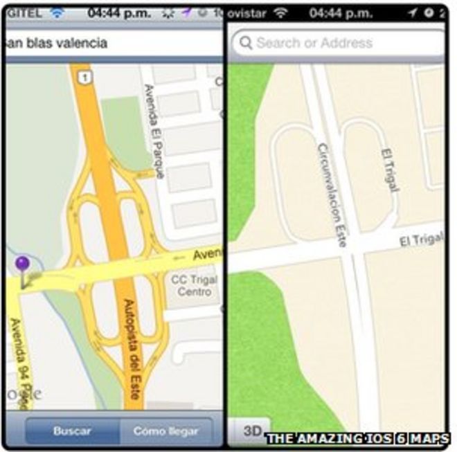 Снимок экрана, сравнивающий карты Google и Apple