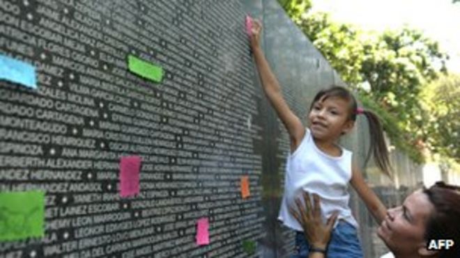 Стена в Сан-Сальвадоре в память о погибших в сальвадорской гражданской войне