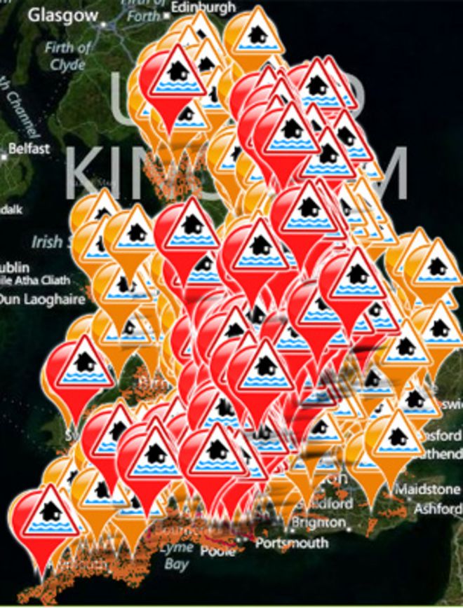 Карта предупреждения о наводнениях Агентства окружающей среды 26 ноября 2012 года