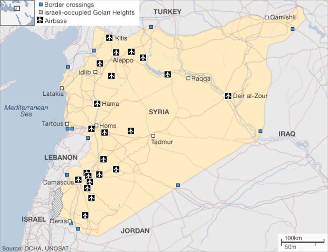 Карта Сирии с указанием авиабаз