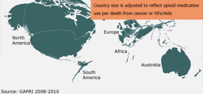 Карта, показывающая доступ к обезболивающим средствам в разных частях света. Размер страны корректируется с учетом употребления опиоидных препаратов в расчете на смерть от рака или ВИЧ / СПИДа