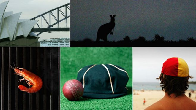 По часовой стрелке сверху слева: Сиднейский оперный театр, кенгуру, пляжная охрана, крышка для крикетной ткани, креветки