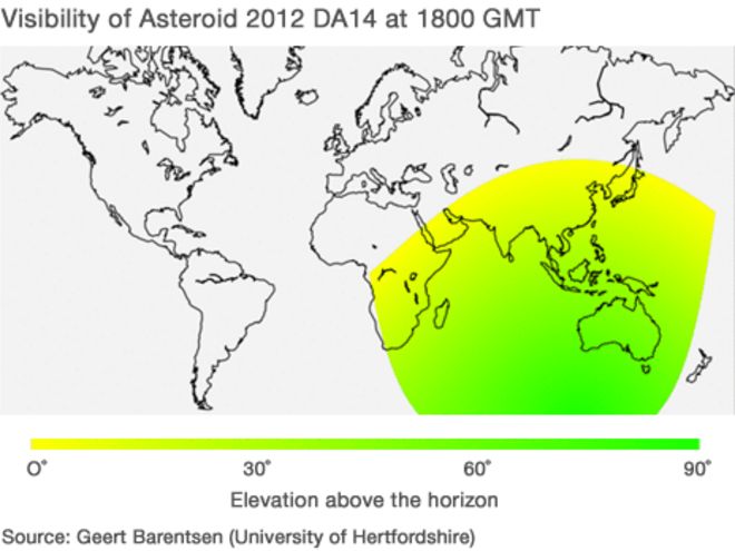 Карта, показывающая, откуда астероид будет виден (Источник: Герт Барентсен, Университет Хартфордшира)