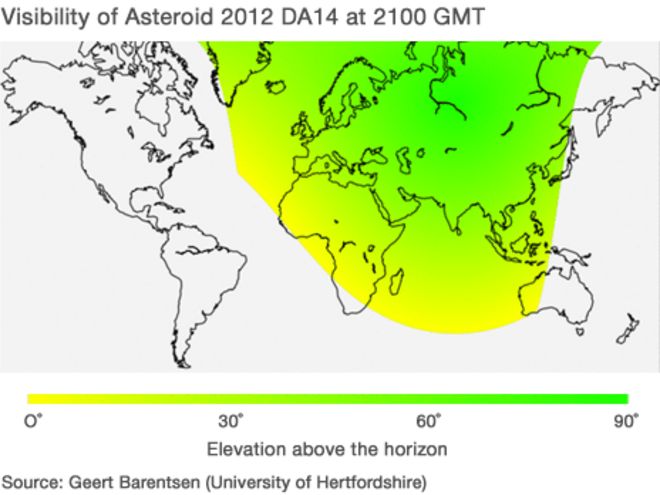 Карта, показывающая, откуда астероид будет виден (Источник: Герт Барентсен, Университет Хартфордшира)