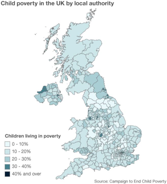 Карта, показывающая детей, живущих в бедности, местными властями