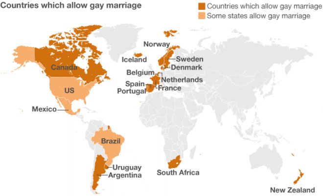 Карта, показывающая страны, где был одобрен однополый брак