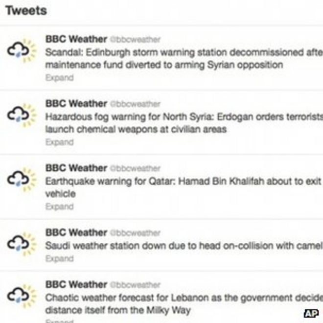 Учетная запись BBC Weather со взломанными сообщениями