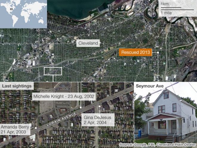 Карта Кливленда, показывающая местонахождение последних наблюдений и дома, из которого были спасены женщины