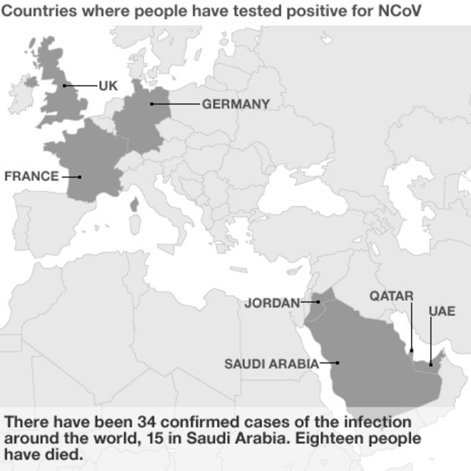 Во всем мире было подтверждено 34 случая заражения, 15 в Саудовской Аравии. Восемнадцать человек погибли. ,
