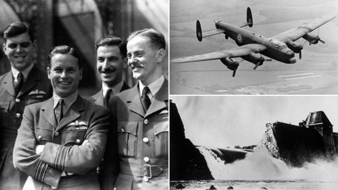 Слева: Гай Гибсон и команда Dambusters, июнь 1943 года; бомбардировщик Ланкастер; прорыв плотины Мохне после нападения