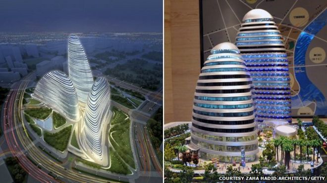 Составное изображение, показывающее планы Захи Хадид на Wangjing SOHO в Пекине (слева) и модель здания Мэйцюань 22-го века в Чунцине (справа)