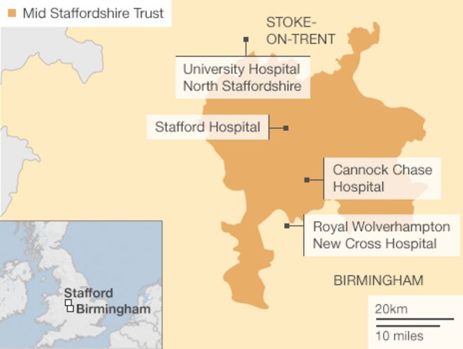 Карта с указанием расположения больниц в Стаффордшире