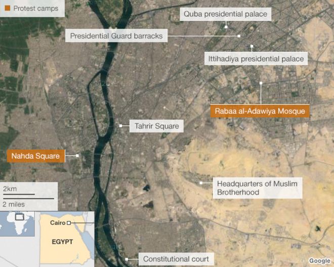 Карта с указанием мест протеста в Каире