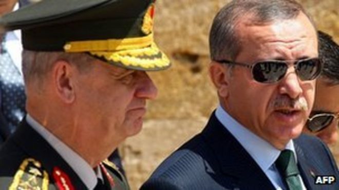 Премьер-министр Реджеп Тайип Эрдоган (справа) уходит после церемонии возложения венков в окружении генерала Илькера Басбуга (справа)