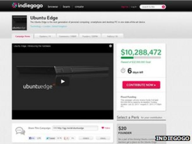 Снимок экрана кампании Ubuntu Edge Indiegogo